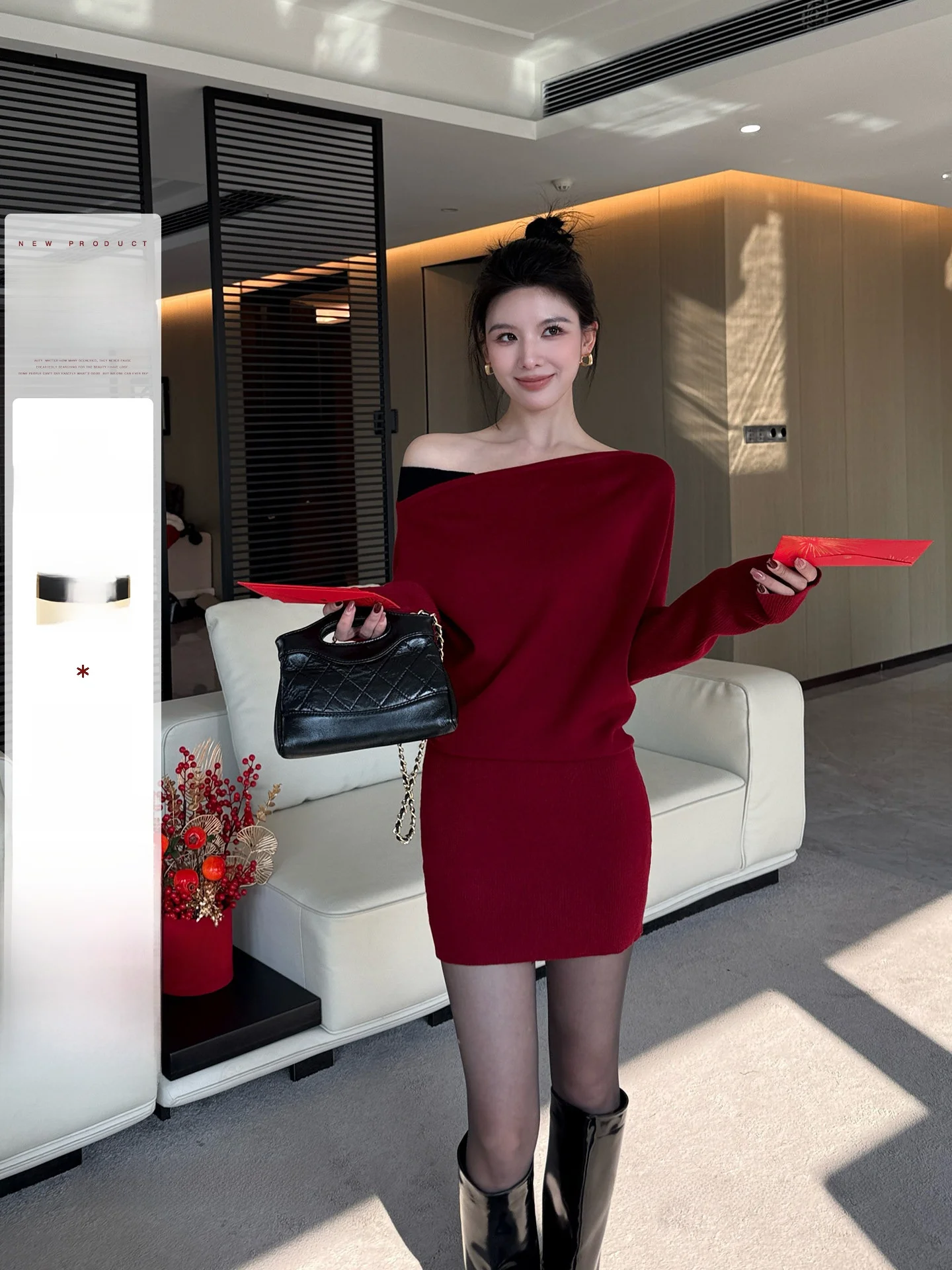 

Красное вязаное шерстяное платье с рукавами-летучая мышь, новогоднее, Qiangwen, класса люкс, из полиэфирного волокна, миди-платье с рукавами-летучая мышь