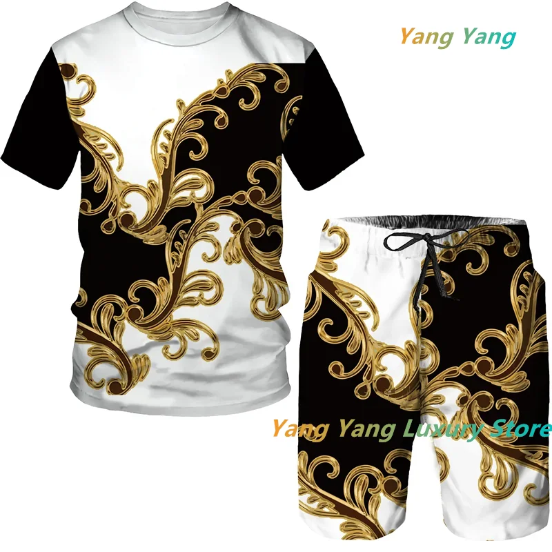 Summer Kid Luxury Golden Pattern T-Shirts/Shorts/Sets Vintage 3D Printed Two Piece Suit Fashion Jogger Male Streetwear Clothes