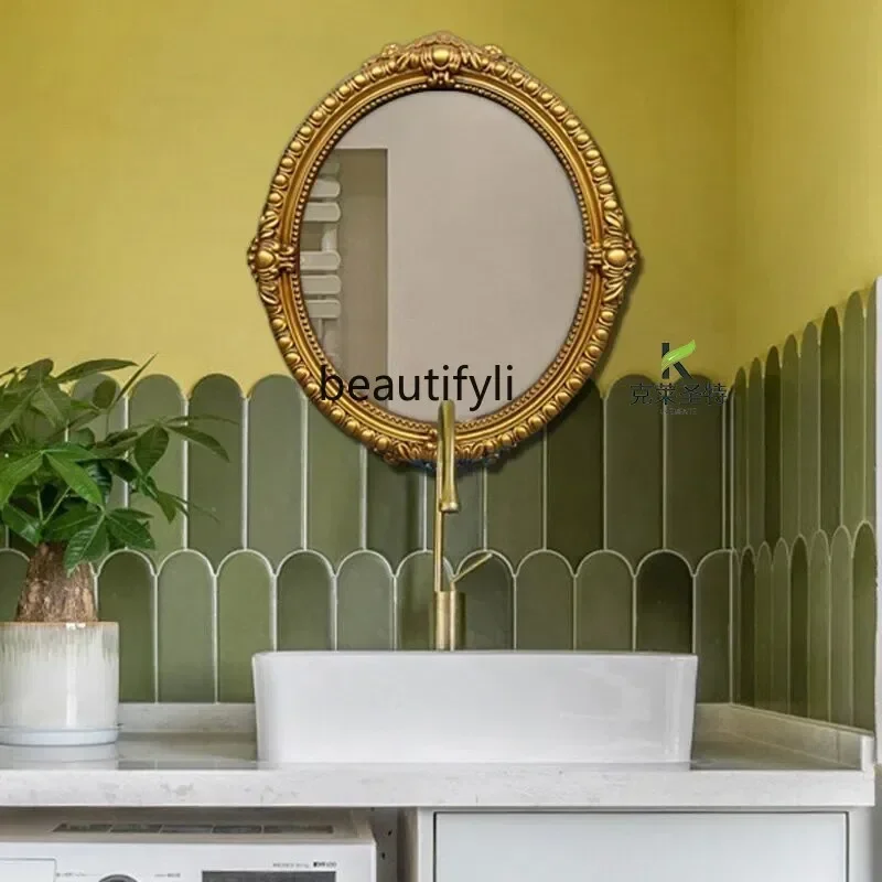 N178 French retro round art bathroom porch bathroom mirror wall carved decorative mirror5556