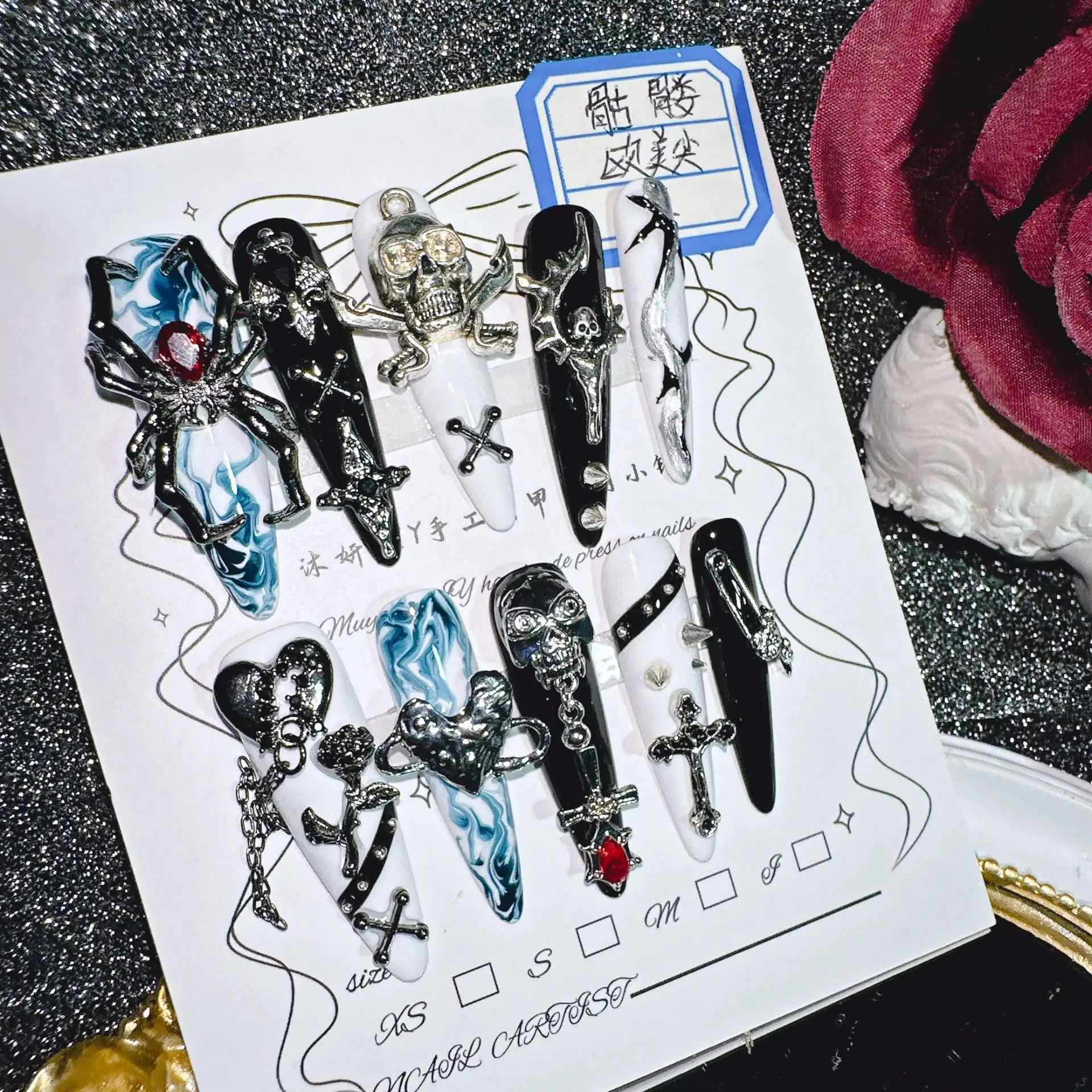 

Western Dark Style Press On Nails Skeleton Metal Decor Extra Long Stiletto Black White Blue Gradient Handmade Heavy Duty Gothic