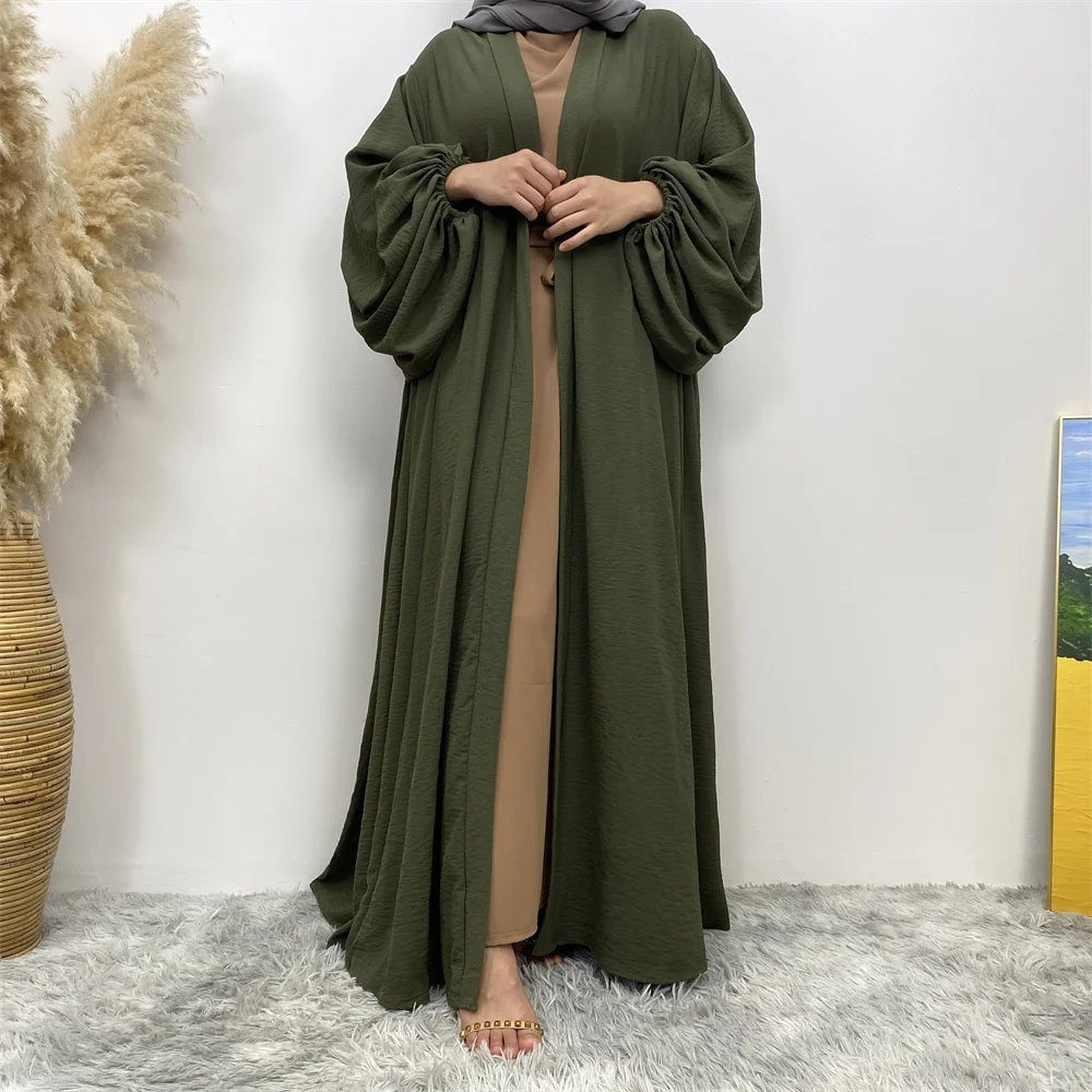 새로운 여성 Abayas 이슬람 Kaftan 퍼프 슬리브 레이스 업 맥시 길이 라마단 드레스 Jilbabs 오픈 프론트 Abayas 아웃웨어 카디건 코트