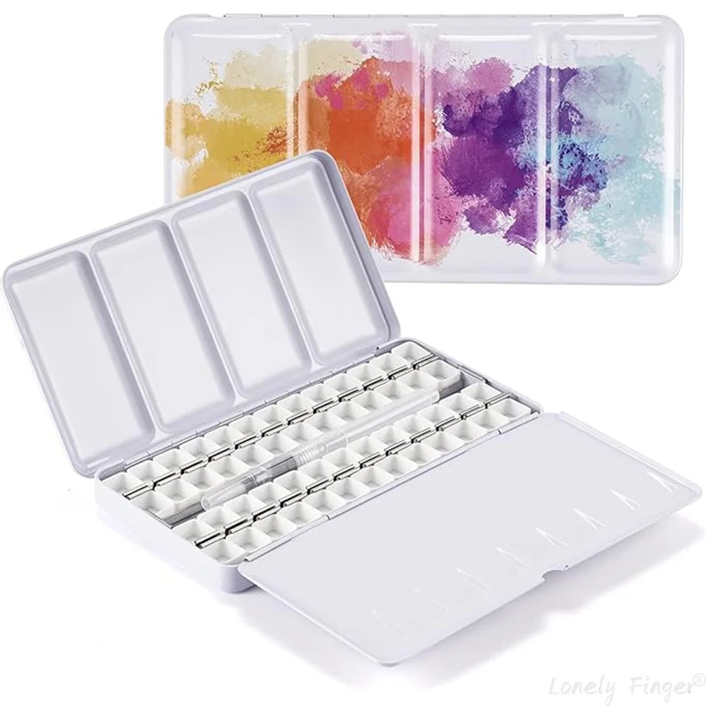 Metal Water Color Tin Box with 52 Empty Half Pans and 1 Water Pen，Fold-out Mixing Painting Tray-Portable Travel Palette