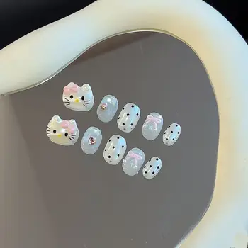 10片裝夏季綠色波點貓眼短版美甲貼片,Hello Kitty可愛圖案,手工壓克力假指甲,禮品 8 最佳銷售 Hello Kitty 假指甲 - №8