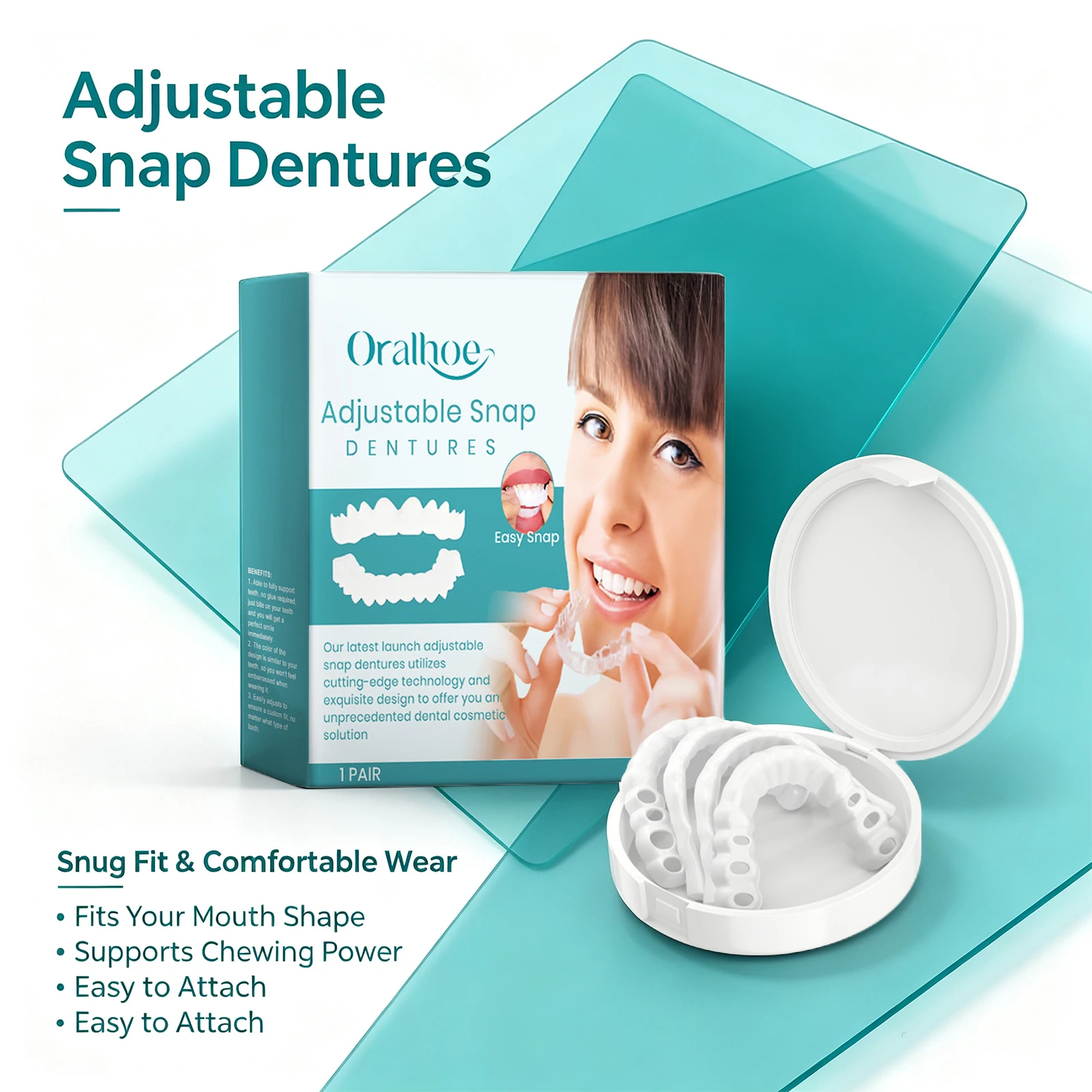 Adjustable Snap Dentures for Missing Teeth Filling Repair Broken Secure Grip Natural Chewing Upper or Lower Jaw with Storage Box
