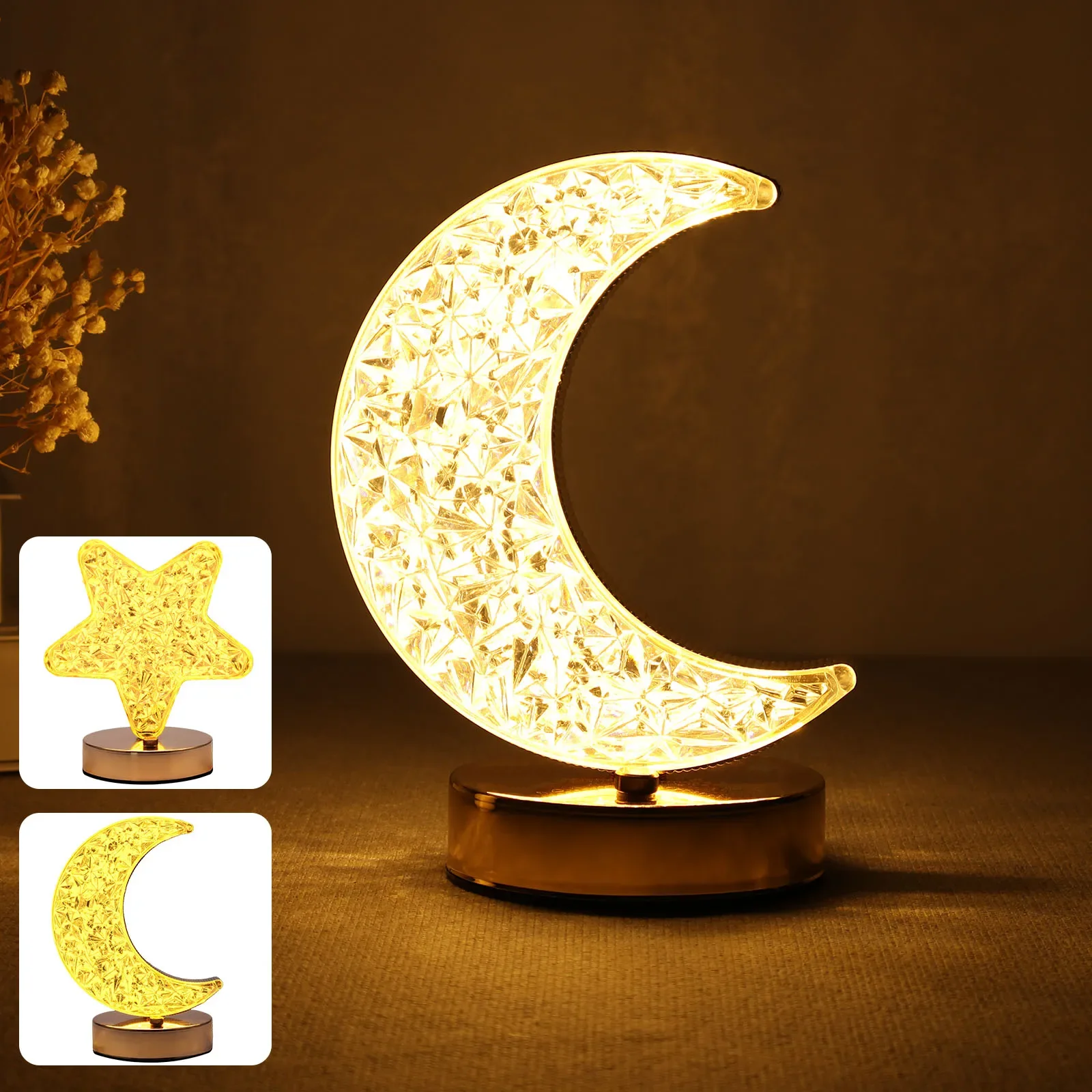 Bedroom Crystal Touch Dimming Night Light Girls Room Home Decor Aesthetics USB Charging Bedside LED Ambient Table 3D Moon Lamp