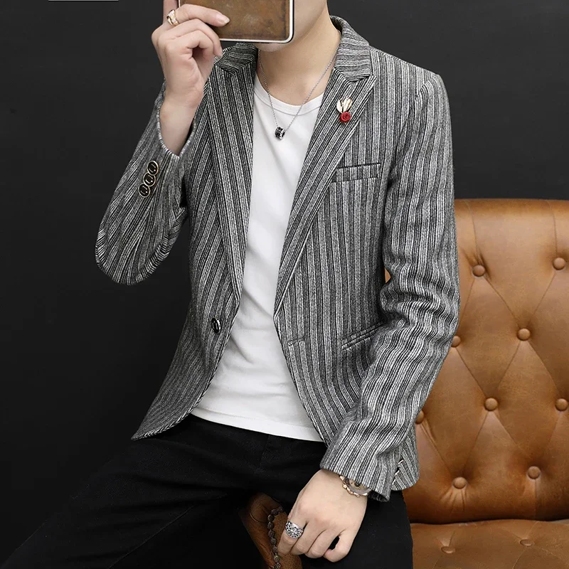 

Suit slim fit casual small suit, single Western striped flowing handsome single piece top, spring and autumn seasons 6148