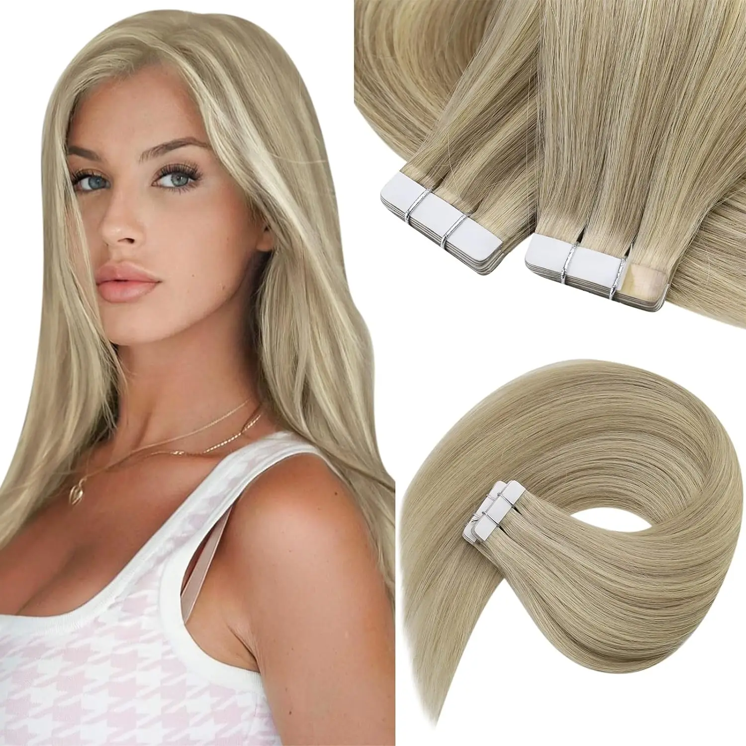 

VeSunny Tape in Hair Extensions Human Hair human hair wig light golden non-pure colorAdhesive Hair Skin Weft