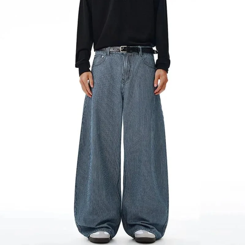 Niche Design Men's Denim Pants Striped Design Contrast Color Wide Leg Draped American Style Male Curved-knife Jeans 9W9NSI
