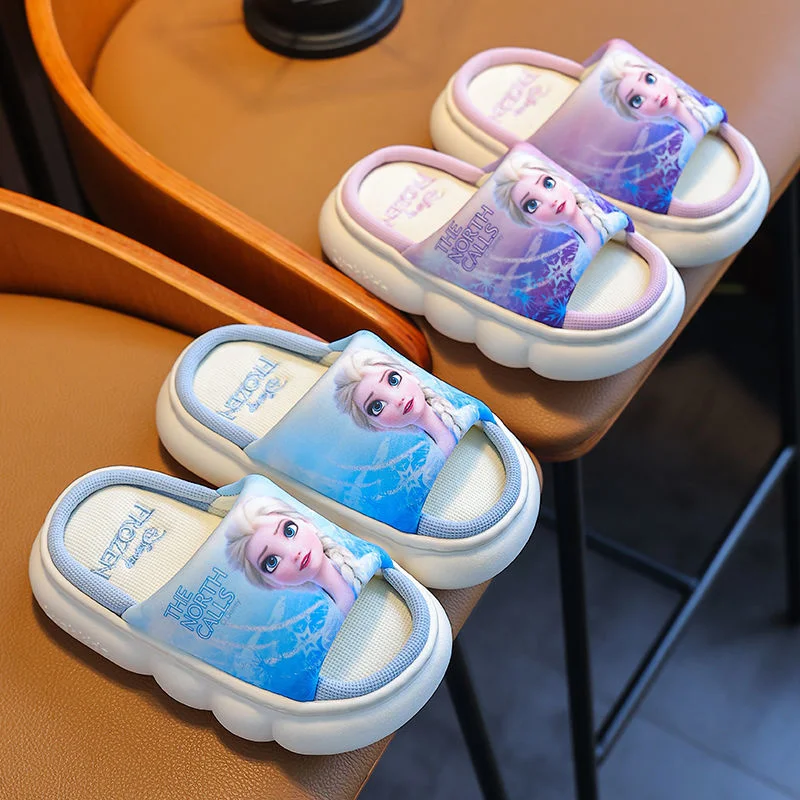 Zapatillas de princesa Elsa de Frozen para niños, chanclas antideslizantes de lino de verano, zapatos de agua para niñas, zapatillas de ducha para