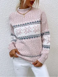 Trendy Long Sleeve Semi High Neck Sweater Women's Snowflake Printed Knitted Top Autumn Temperament Casual Pullover