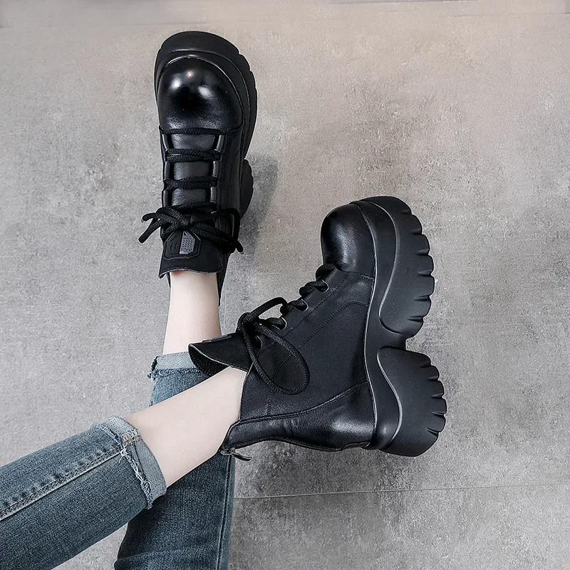 CLAIAMI Luxury Cow Leather Ankle Women Boots Retro Zipper Lace-up Velet Rubber Boots for Women Warm Lady Platform Boots Zapatos