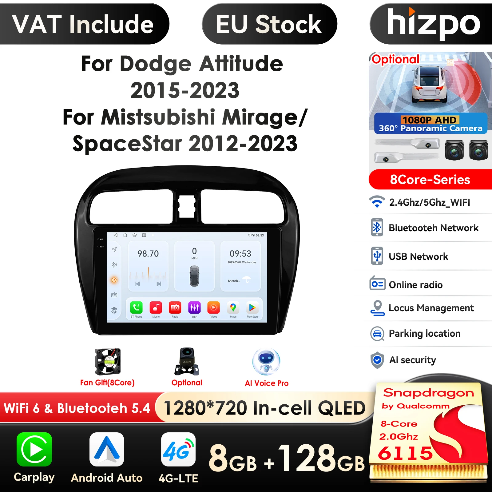 Hizpo Carplay 4G 2Din Android 14 Autoradio für Mitsubishi Mirage 2012–2023 Space Star für Dodge Attitude Multimedia Video Player