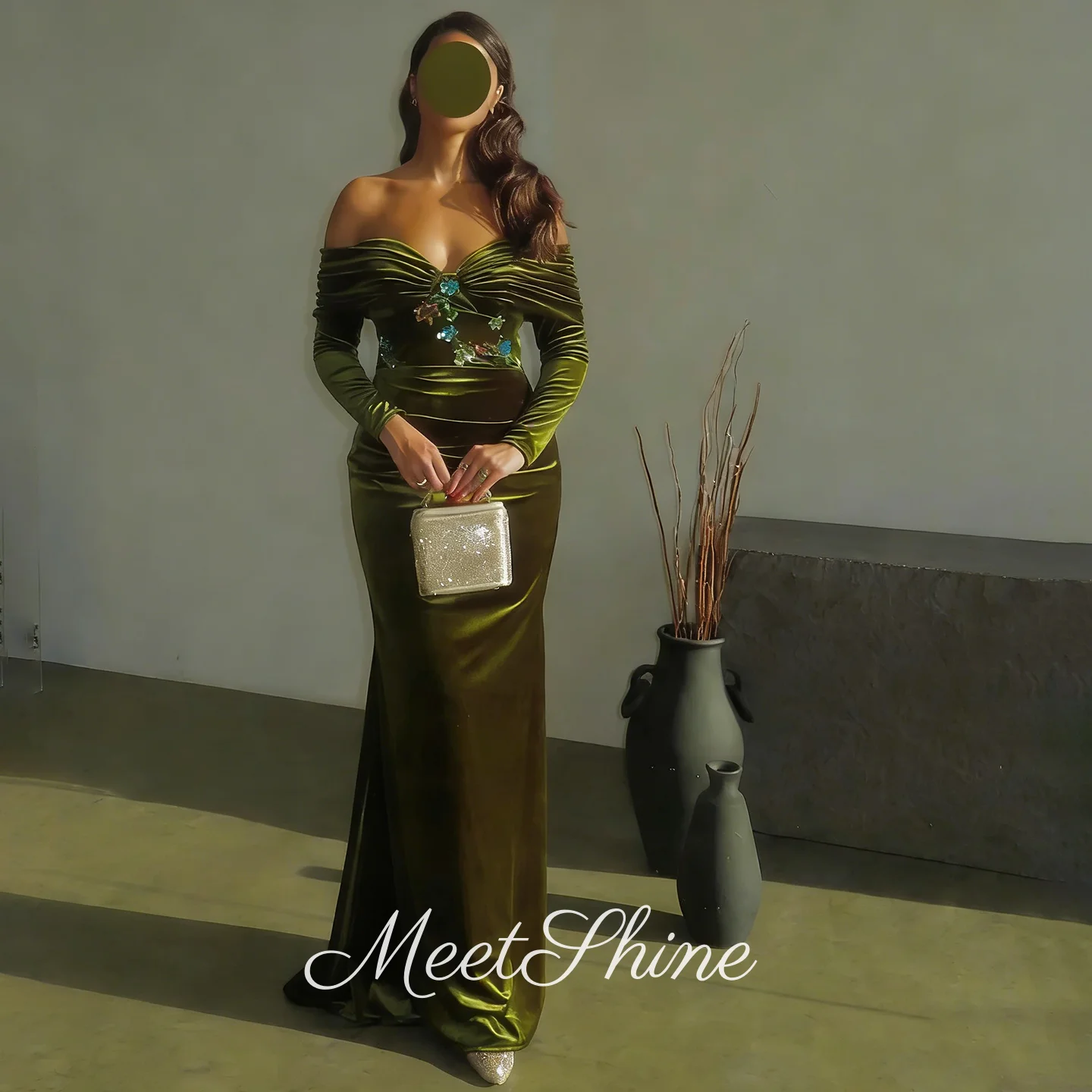 

Винтажные оливково-зеленые бархатные вечерние платья русалки с длинными рукавами, Дубайские плиссированные аппликации, вечернее свадебное платье для выпускного вечера по индивидуальному заказу