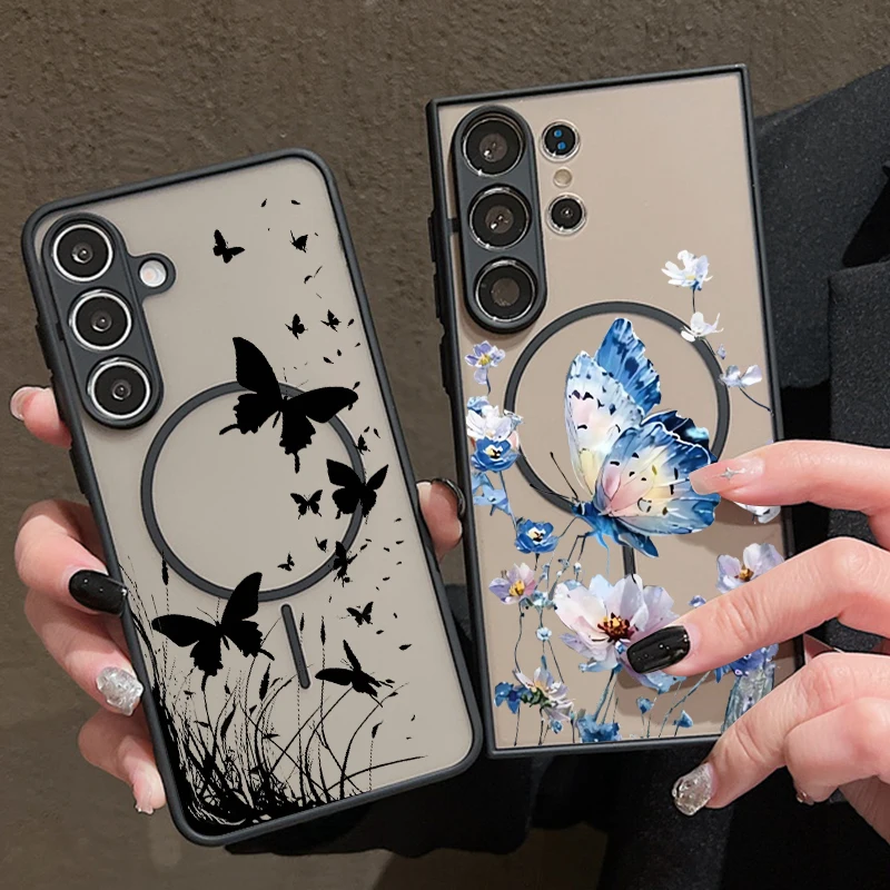 Bunte Schmetterling-Magnet-Handyhülle für Samsung Galaxy S26 S25 S24 Ultra S23 S22 Plus S25 Edge S24 S23 FE Harte PC-Rückabdeckung