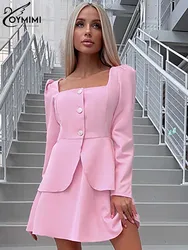 Oymimi Elegant Pink Women's Two Pieces Set Fashion Long Sleeve Square Neck Button Tops And High Waist Mini Skirts Female Sets