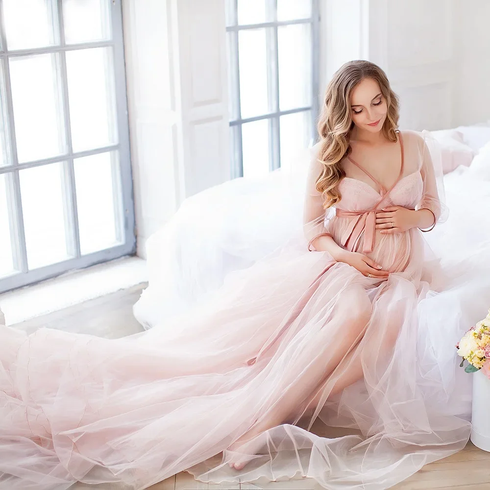 Maternity Dress Photoshoot See Through Pregnancy Dress Tulle Maternity Photoshoot Props Short Sleeve Split Maxi Dress Maternity