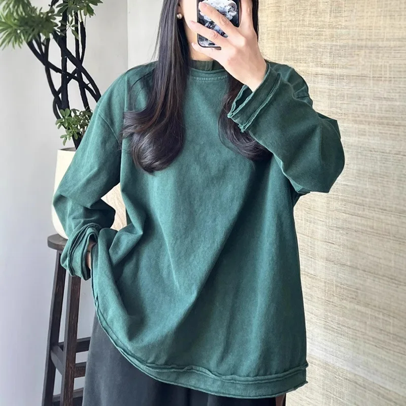 Mass Wasss O넥 용수철 클래식 레저 여성 빈티지 하라주쿠 상의, 느슨한 오버사이즈 티셔츠, 면 럭셔리 의류