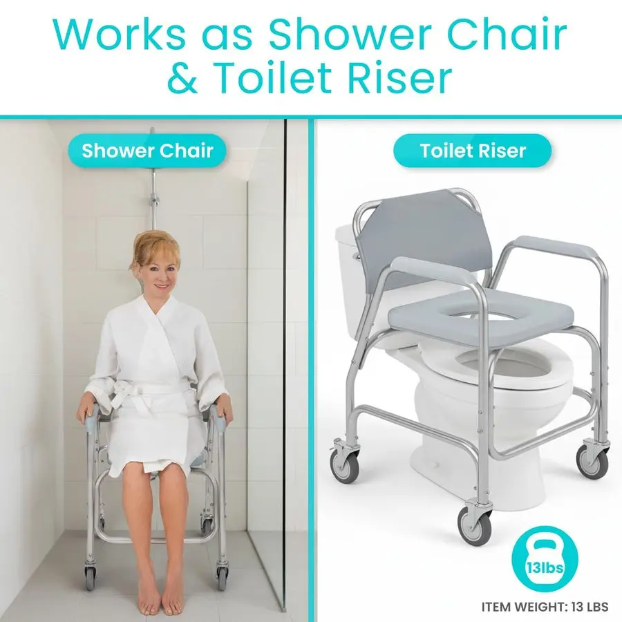 Shower Chair amp Toilet Riser with Wheels Rolling Bathroom Seat for Elderly, Disabled, Handicapped Adjustable Senior Raised Bath