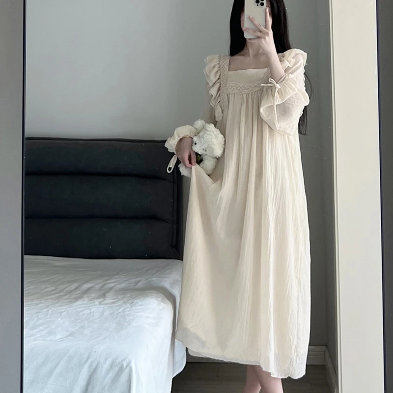 Lace Nightgown Sleepwear Women Korean Ruffles Night Dress Spring One Piece Pajamas Long Sleeve Square Collar Home Wear 2024 New