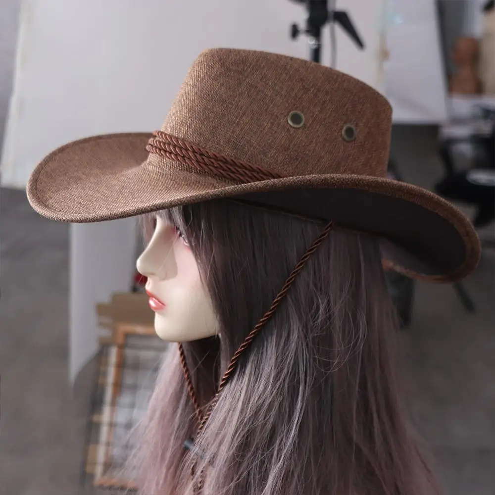 Casual Linen Western Cowboy Hat Wide Brim Climbing Hat Summer Sun Hat Beach Cap Sun Protection Cap Beach Sunscreen Cap Men/Male