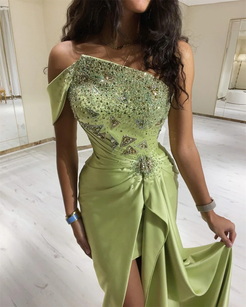 Customized Jiayigong with Slit Fashion Off the Shoulder Mermaid Party Dress Floor Length Court Paillette s Formal Evening Gowns