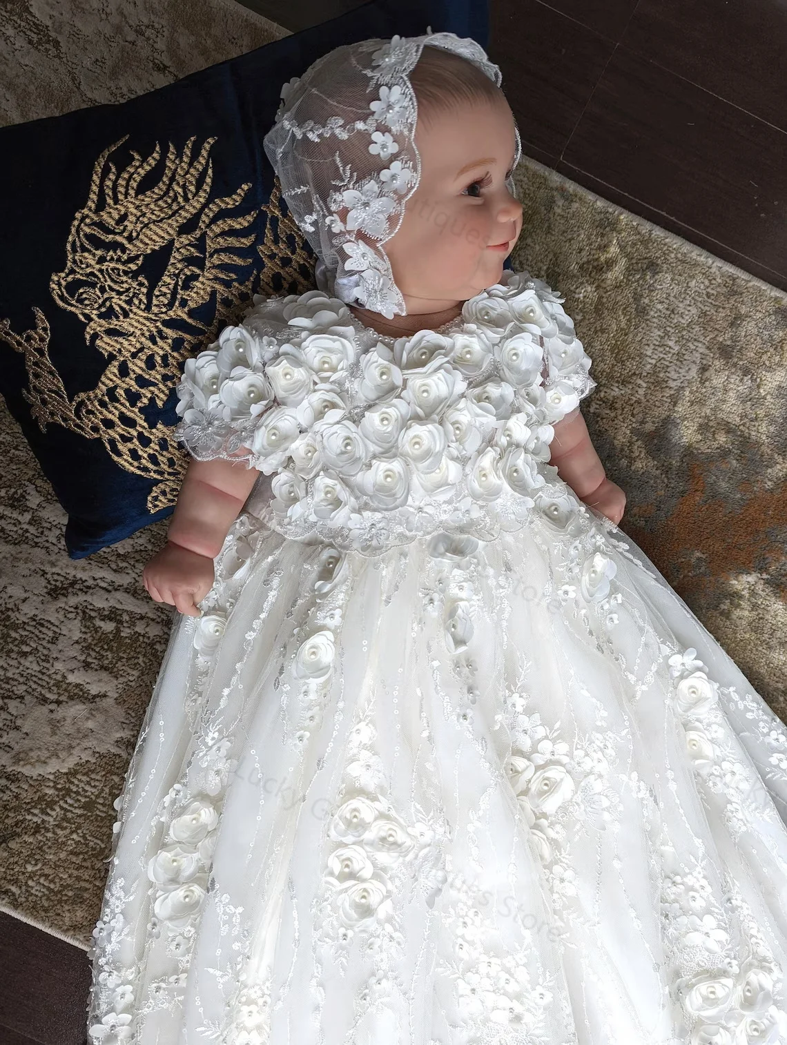 Vestidos de bautizo blancos para bebé, apliques florales de encaje para niñas, bautismo con capó, vestidos de primera comunión de cumpleaños para niños recién nacidos de lujo