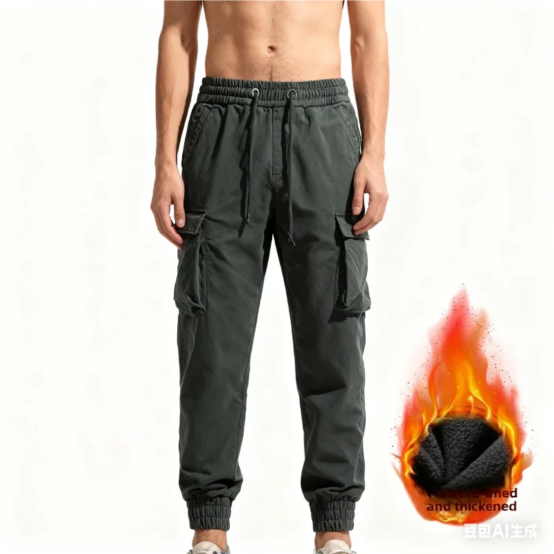 

2025 Hot Winter Men's Thick Fleece-Lined Work Pants Trendy American Style Functional Jogger Pants Thick Cotton Casual Pants
