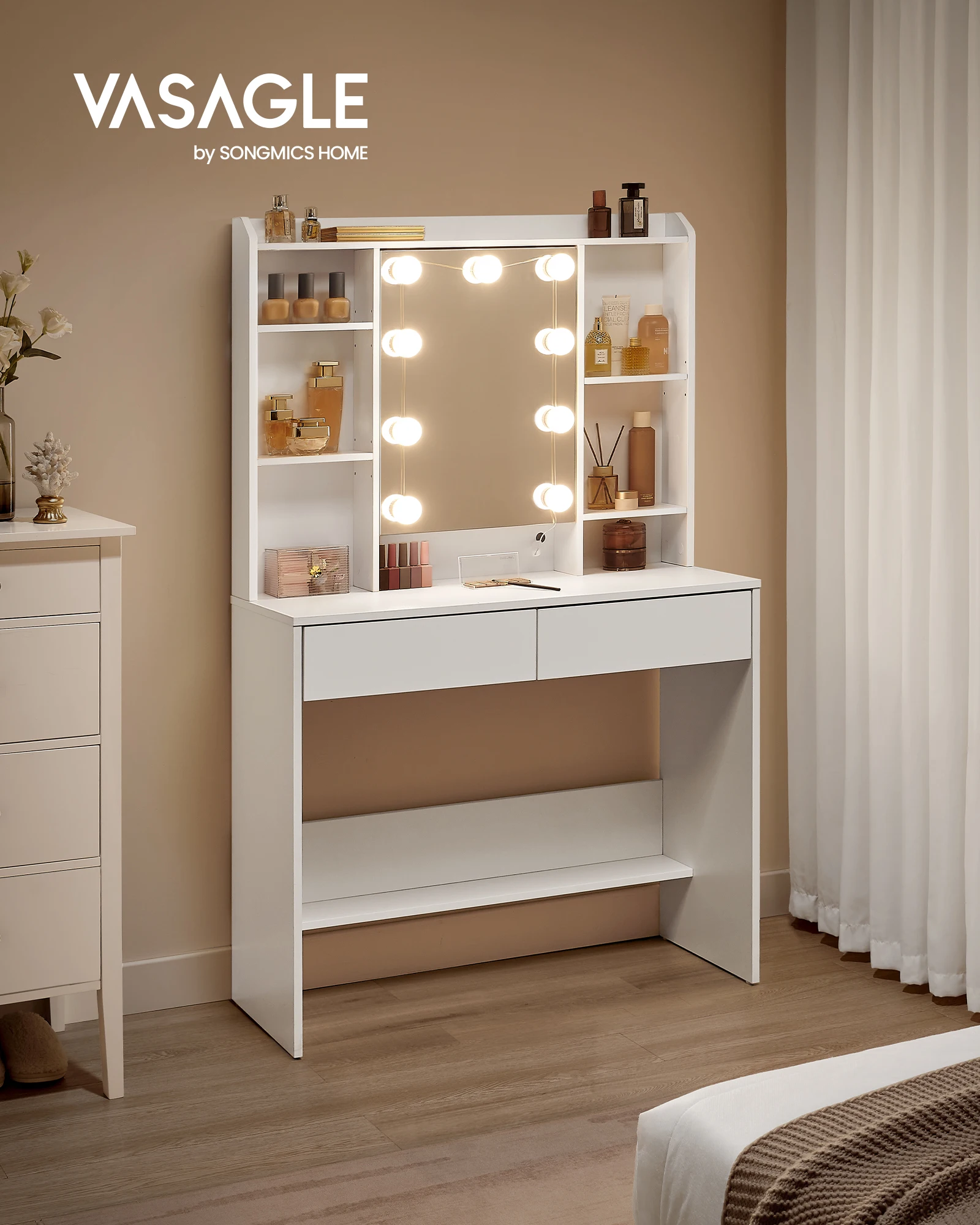 VASAGLE Dressing Table with LED Lights, 9 Bulbs, 3 Light Colours, Adjustable Brightness, Vanity Desk with Mirror,2 Drawers