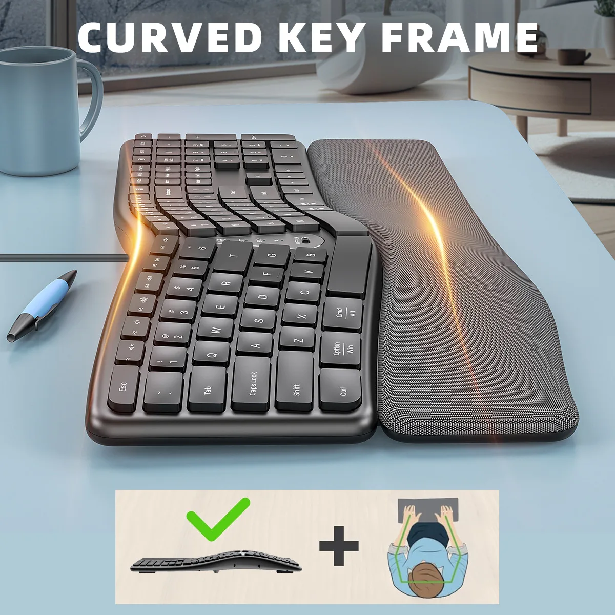 Ergonomics Design Keyboard Wireless Dual-mode Rechargeable Equipment Keyboard Holder Status Indicator Office Use Work