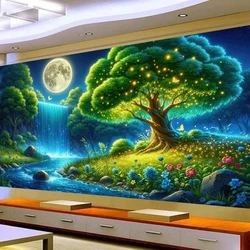 Large DIY Green Tree of Life 5D Diamond Painting Art Waterfall Moon Landscape Mosaic Diamond Embroidery Home Decoration Picture