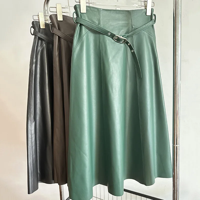 

100% First Layer Sheepskin Women Long A-line Skirt Chic Ladies Vintage Green Black Coffee Big Hem Real Leather Skirt With Belt