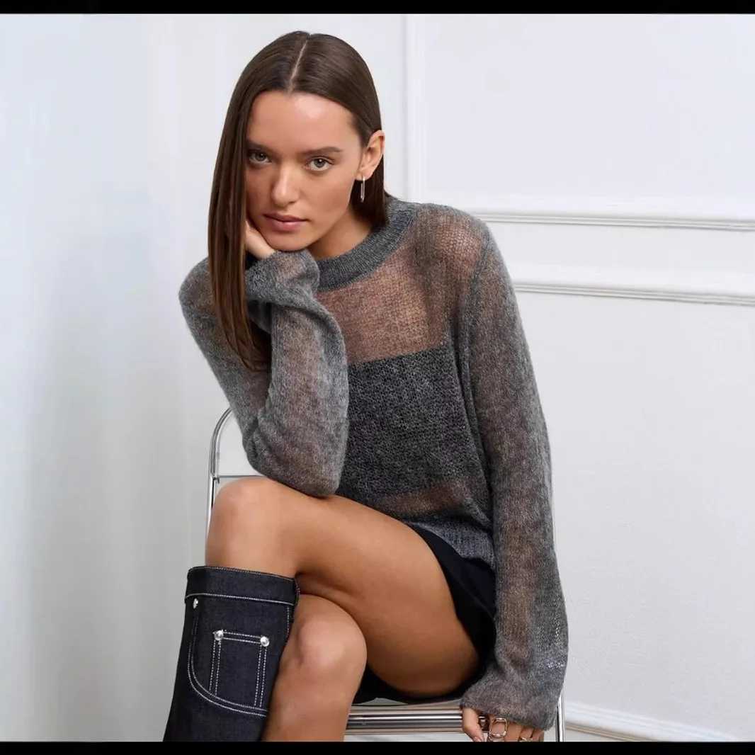 Women's Round Neck See Knited Pullover Female Spring Autumn Solid Long Sleeve Casual Knit Sweater Tops
