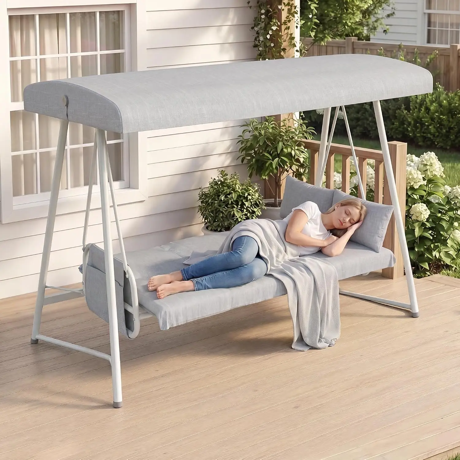 3 to 4 Person Outdoor Patio Swing with Canopy 2-in-1 Swing Bed Adjustable Backrest 800 lbs Capacity Porch Swing, Customized