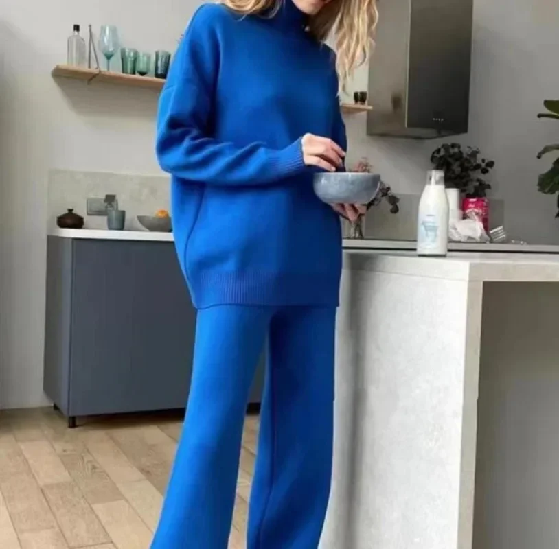 Autumn Winter Korean Fashion 2 Pieces Women Sets Knitted Tracksuit Turtleneck Sweater And Straight Jogging Pants Suits Y2k