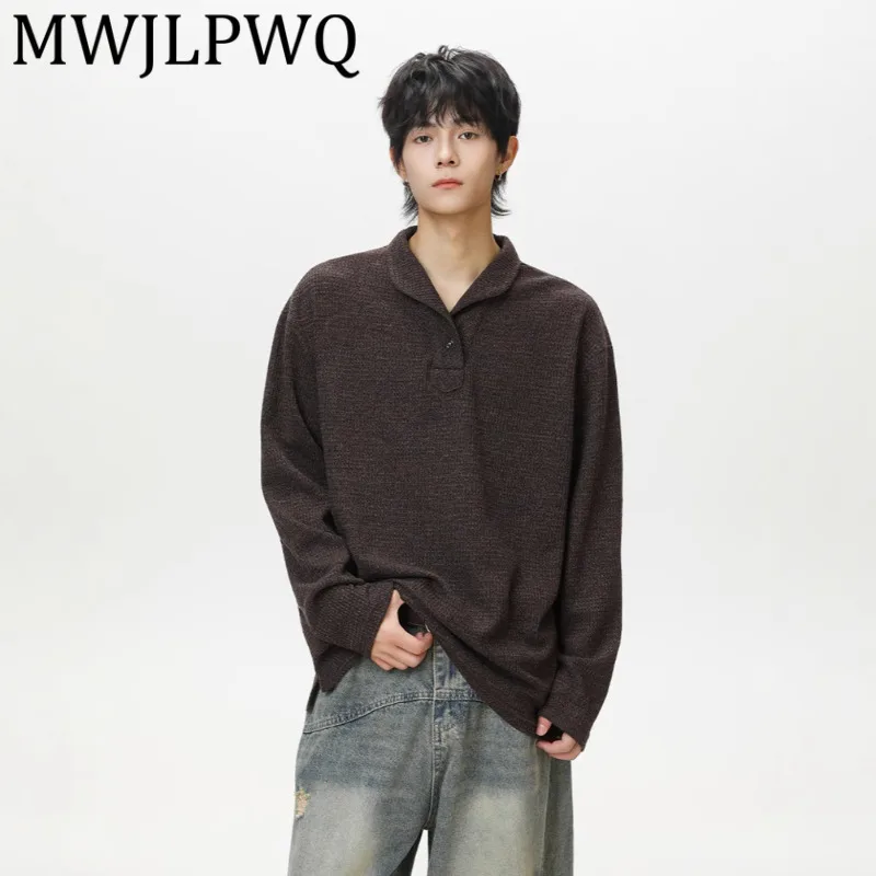 

MWJLPWQ Modish 2025 Autumn New American Style Simple T-Shirt Male Versatile Turn-Down Collar Design Loose Long Sleeve Tops 21440