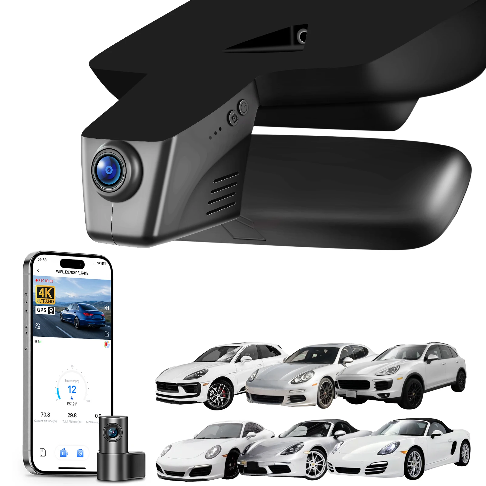 Câmera de painel Mangoal dedicada 4K para Porsche Cayenne, Panamera, Macan, Taycan, Cayman, 911 Turbo, 718 com Wi-Fi, aplicativo e GPS.