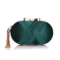 Emerald Tassels Evening Bag Women Elegant Cocktail Party Clutch Purse Solid Color Gold Metal Frame Woven Sac À Main Mariage