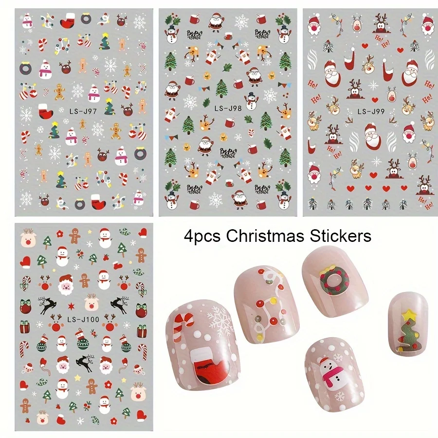 4 قطعة ملصقات أظافر عيد الميلاد ، كارتون سانتا كلوز ، هدية عطلة شجرة عيد الميلاد ، ملصقات أظافر الغراء الخلفي LS-J97-100 #4