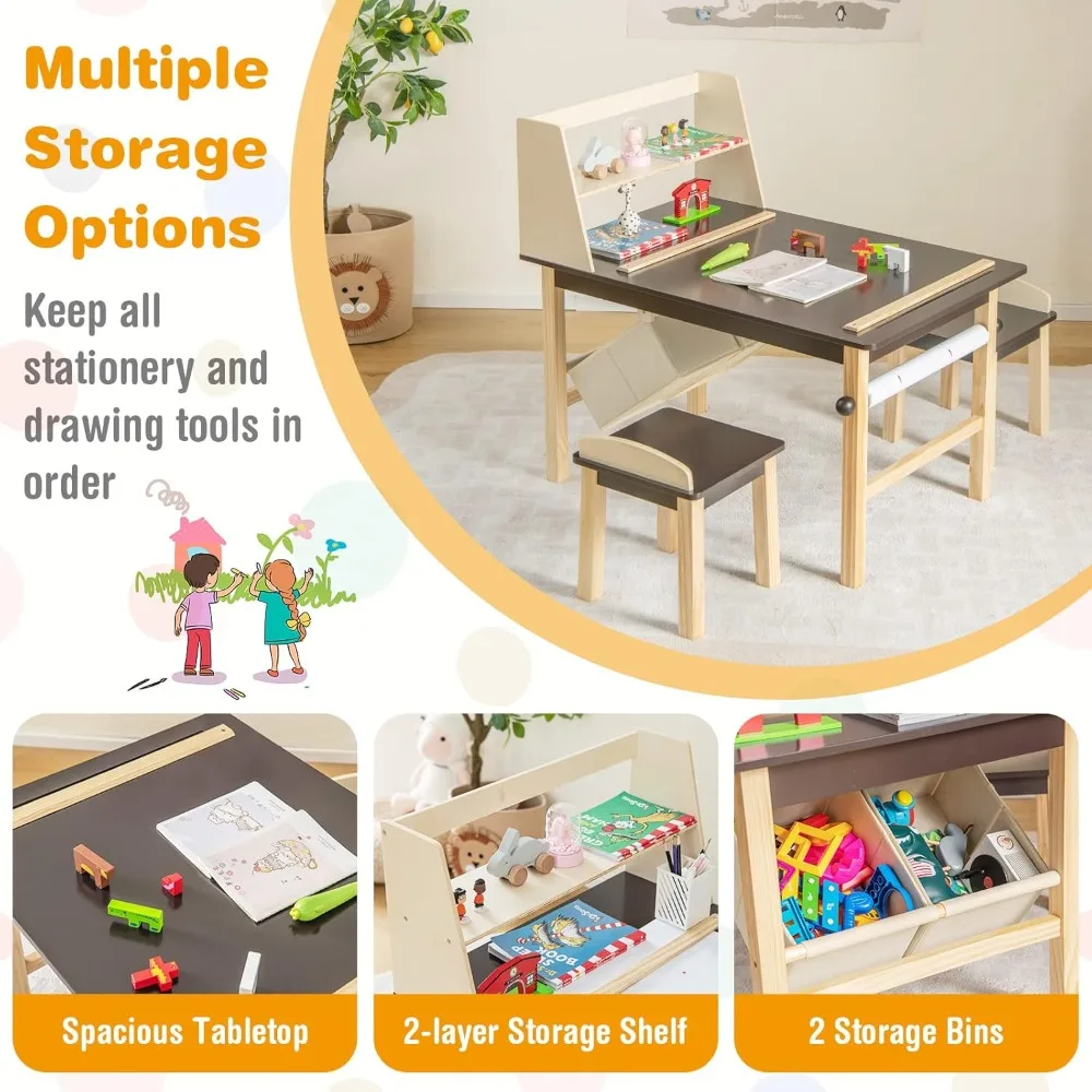 Kids Art Table and Chair Set, Wooden Activity Table and 2 Stools w/a Paper Roll, 2 Markers, Toddler Table and Chairs (Brown)