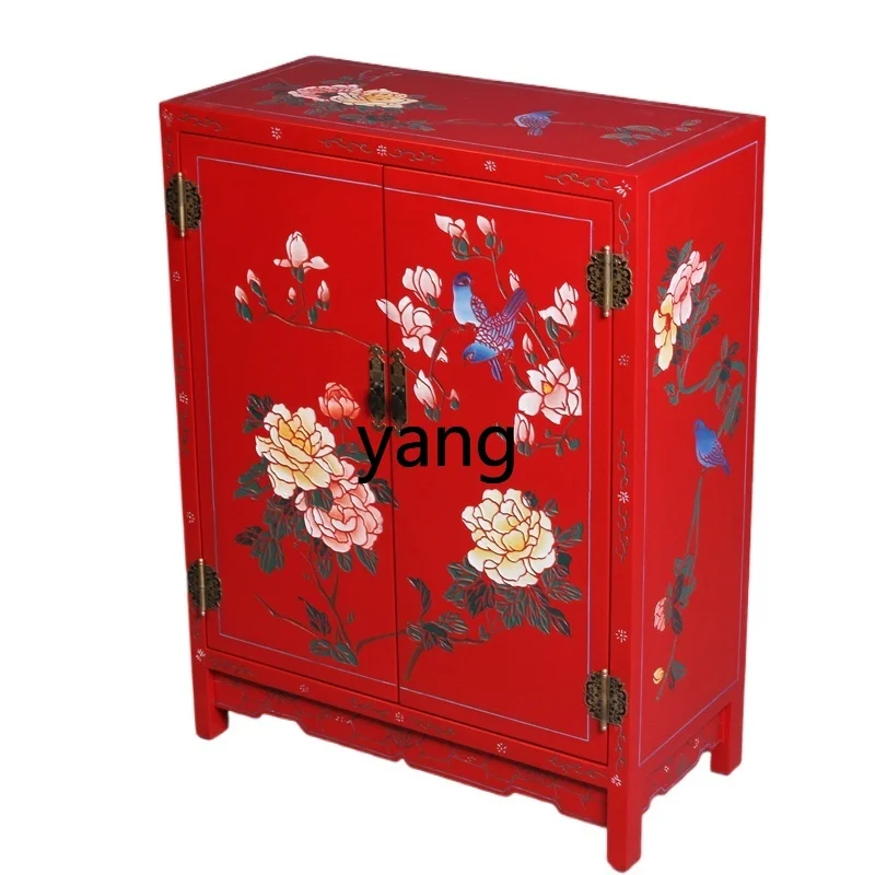 

ZL new Chinese traditional engraved paint flower and bird craft storage cabinet foyer entrance cabinet