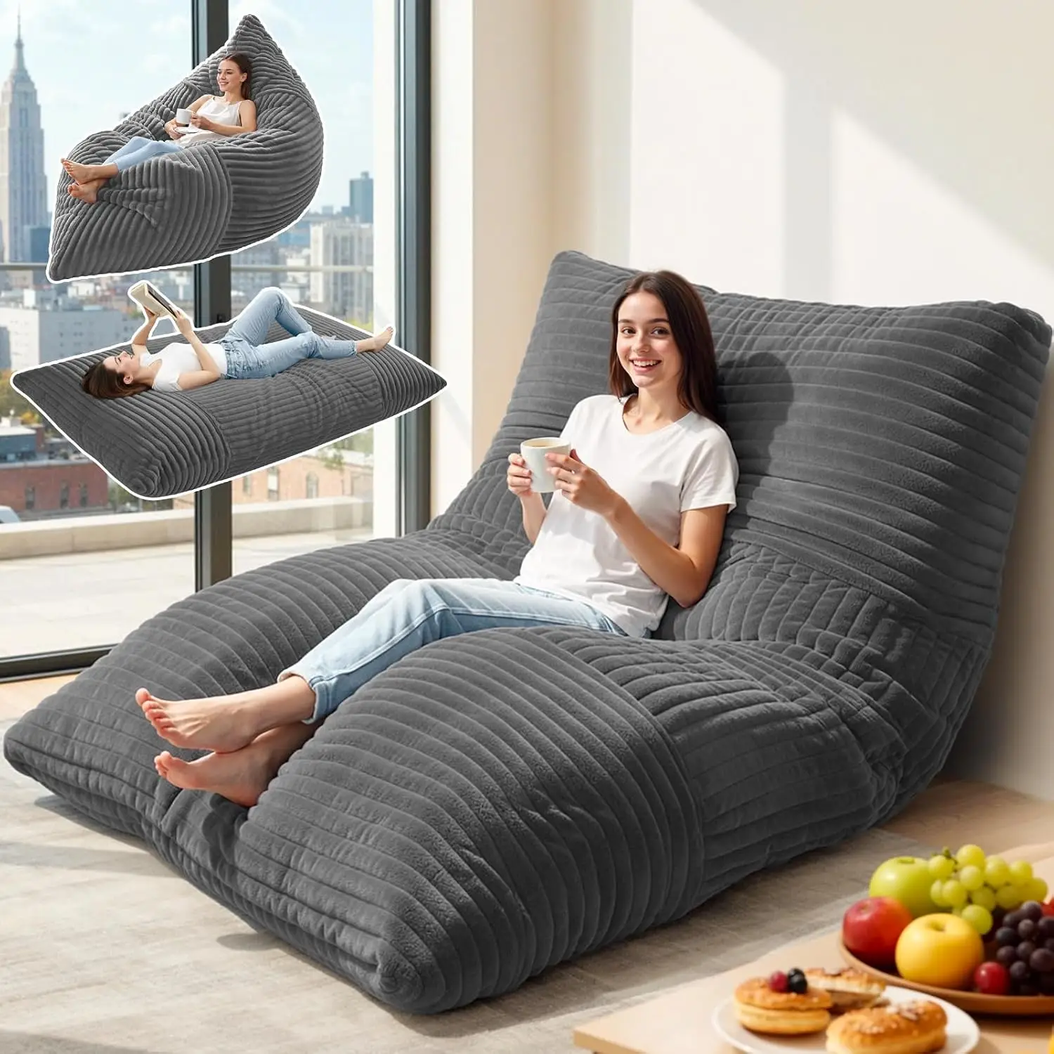 3 in 1 Giant Bean Bag Chair for Adults and Kids, Oversized Convertible Bean Bag Bed with Machine Washable Cover, Comfy Soft Memo