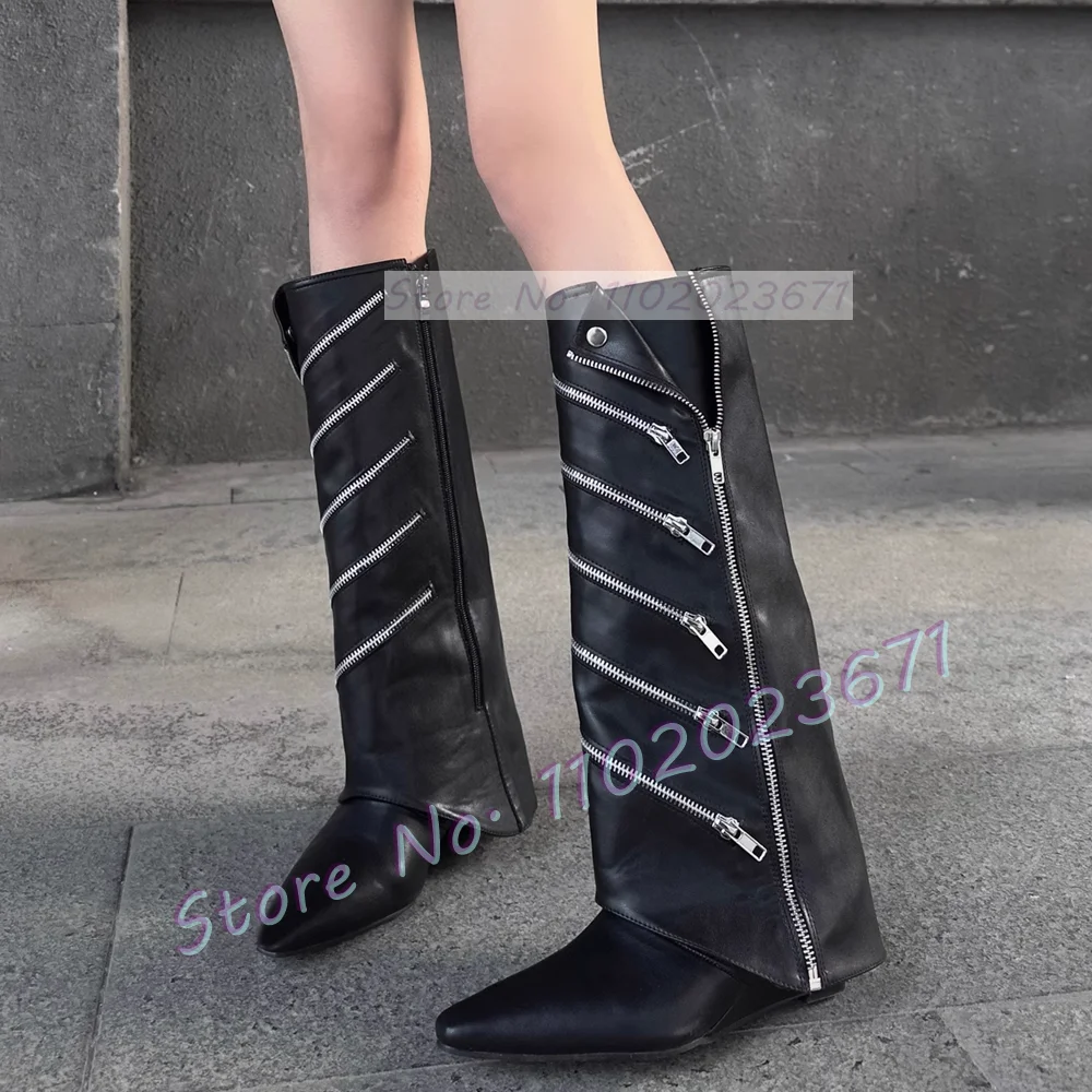 

Wedge Knee length Boots With Metal Diagonal Zipper Decor Women Chic Pointy Toe Boots Hot Girls Fashion Sparkly Streetwear Shoes