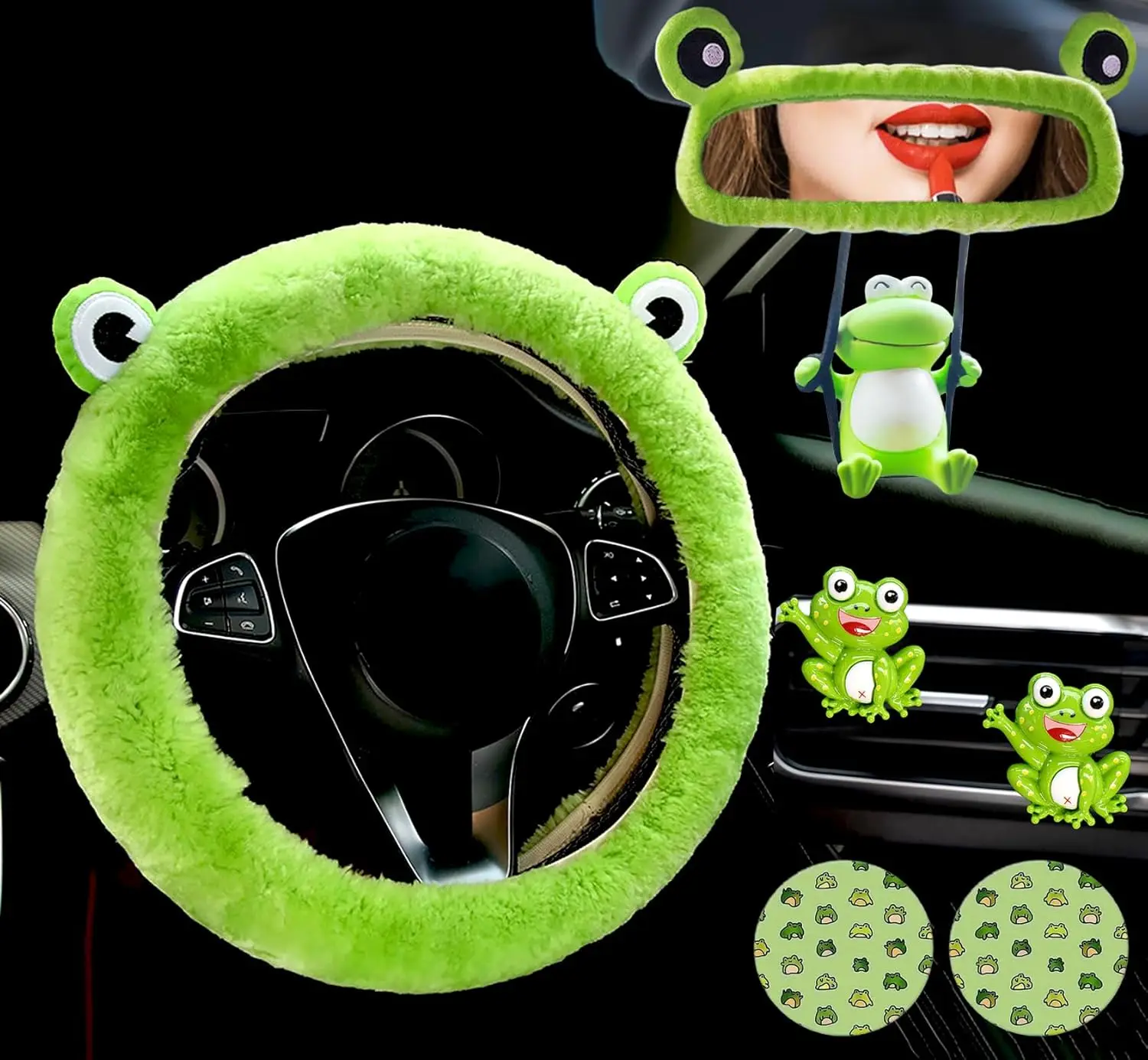 

7-Pack Frog Car Accessories Set: Fluffy Steering Wheel Cover, Cup Coasters, Plush Mirror Covers in Green