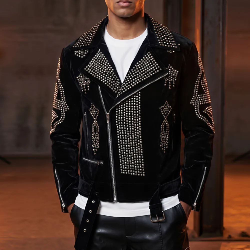 Black Red Rhinestone Studded Fake Leather Men Motorcycle Jacket Sparkle Lapel Zipper Punk Biker Coat Concert Stage Performance