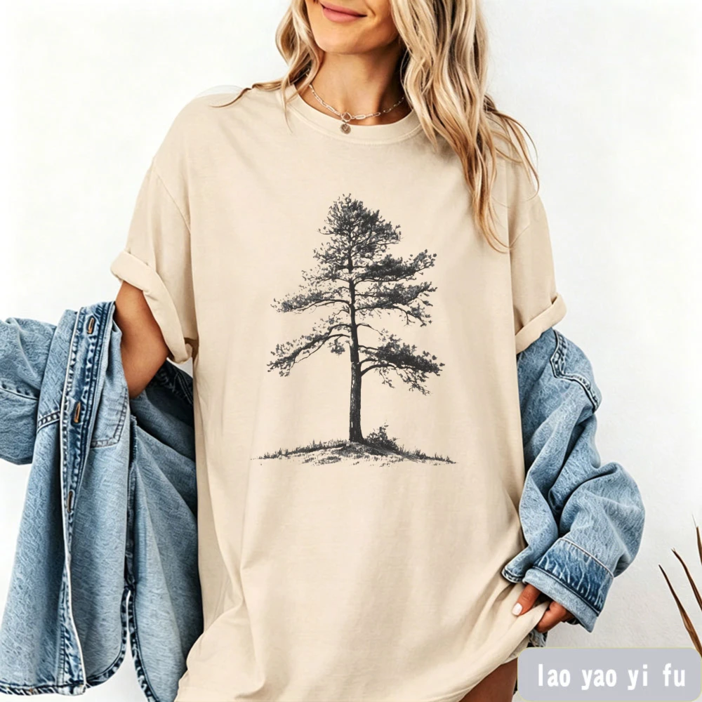 Nature Pine Tree Graphic Shirt Woodland Forest Tee Neutral Earthy Style Women Summer Short Sleeve Oversized O-neck Clothes