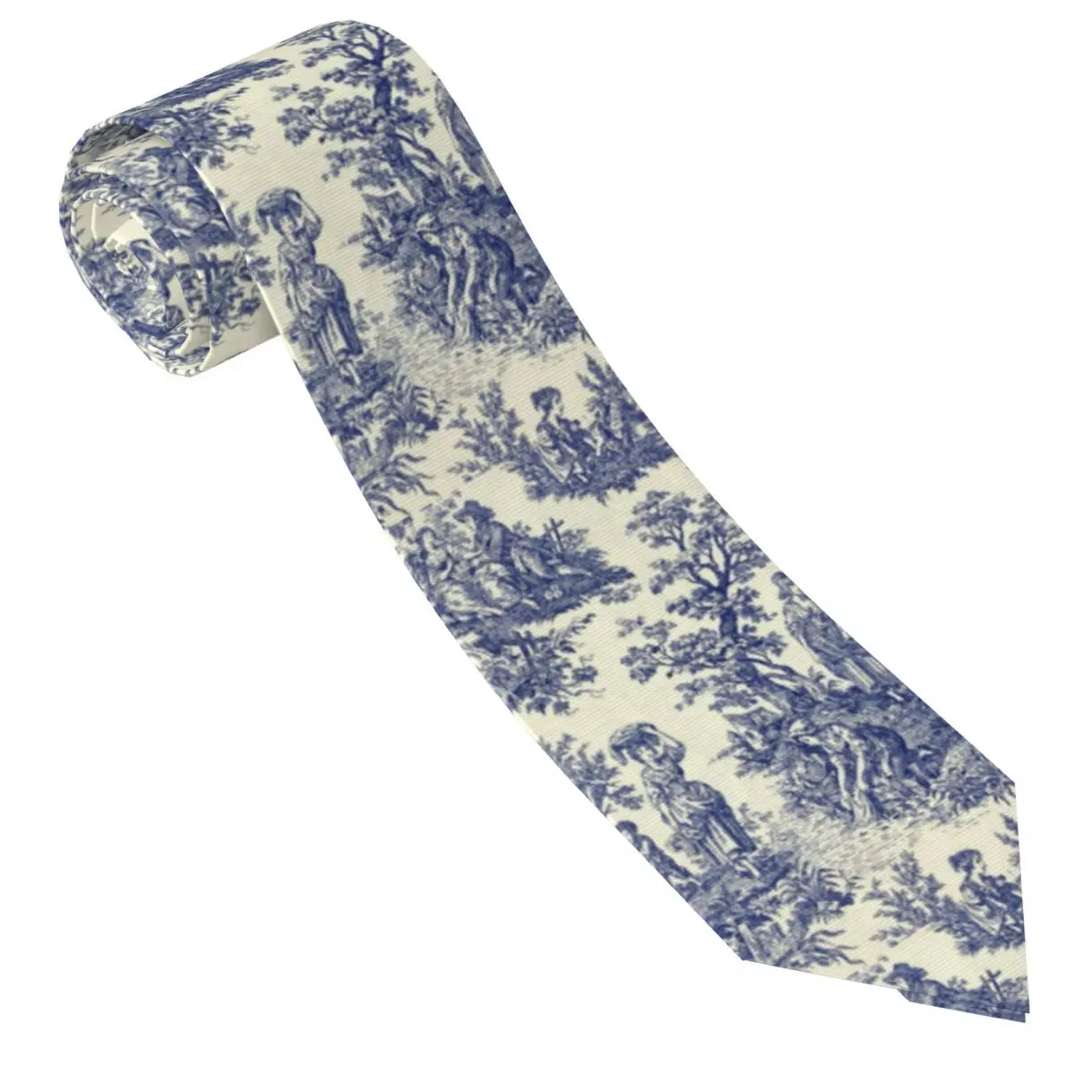 Custom Mens Toile De Jouy Blue Necktie French Navy Blue Motif Fashion Tie For Business