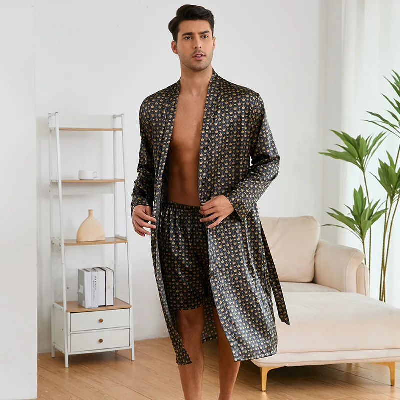 Men\'s Long Robe Pajamas Two Piece Set Print Tiger Ice Silk Sleepwear Kimono Bathrobe Gown Loose Casual Homewear Lounge Wear