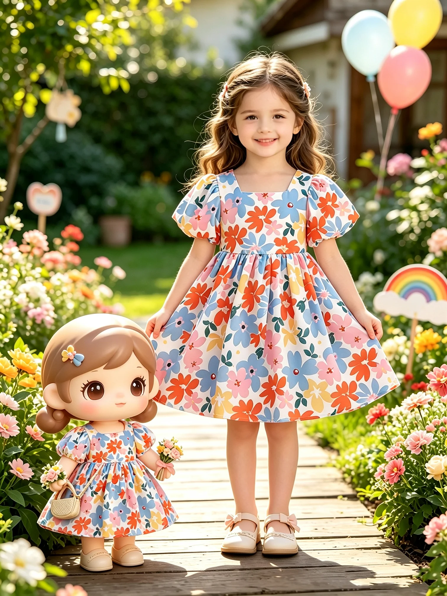 2026 Süßes Lässiges Sommer-Party-Geschenk für Mädchen Blumenmuster Schleife Quadratischer Kragen Dekoratives Kurzarm-Mädchenkleid – Detail 2