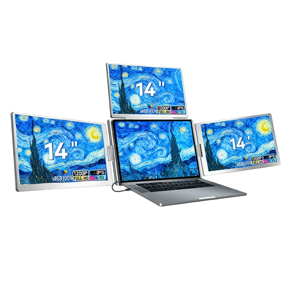 

Портативный монитор с тройным экраном с завода S788 16 дюймов 1200P для ноутбука с удлинителем и 1 кабельным подключением для Mac M1 M4 Windows