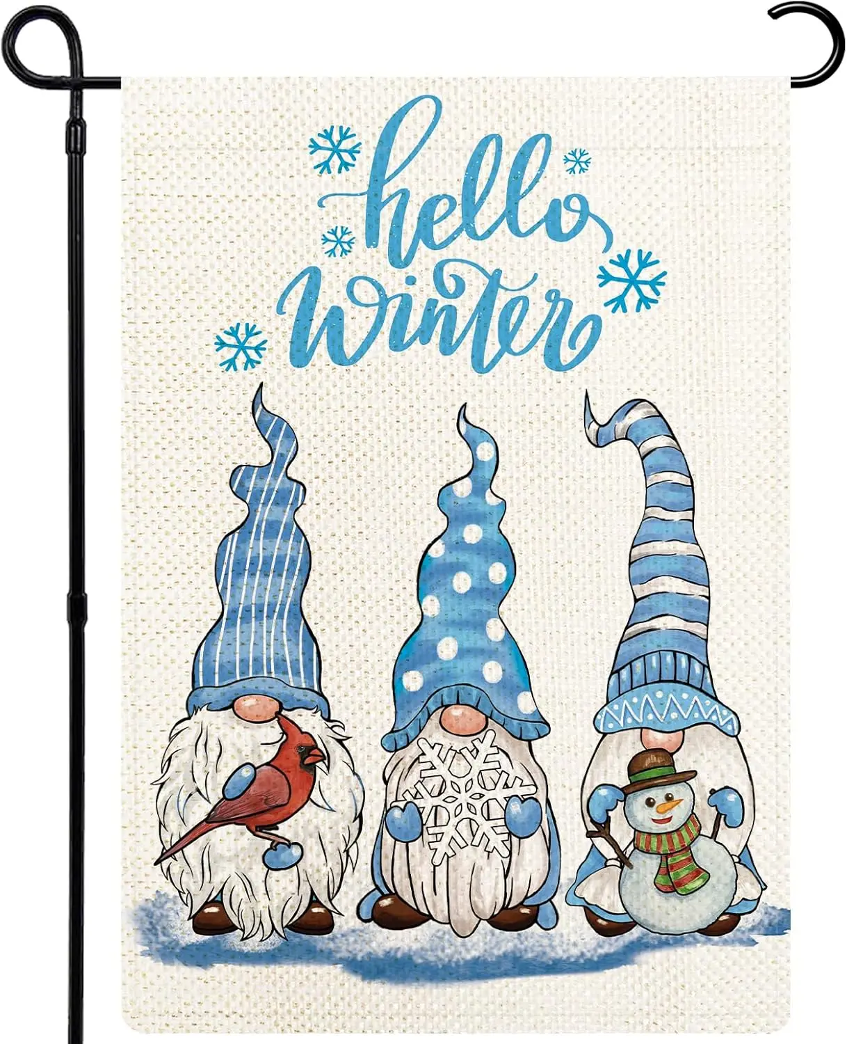 Hello Winter Snow Gnome Garden Flags for Outside, Cute Gnomes Winter Welcome Yard Flag, Burlap Seasonal Winter Christmas Holiday